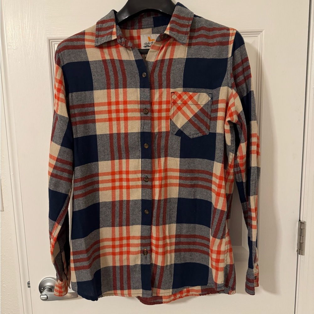 Field & Stream Women’s  Casual Plaid Shirt - Navy, Orange and Cream. Size Large